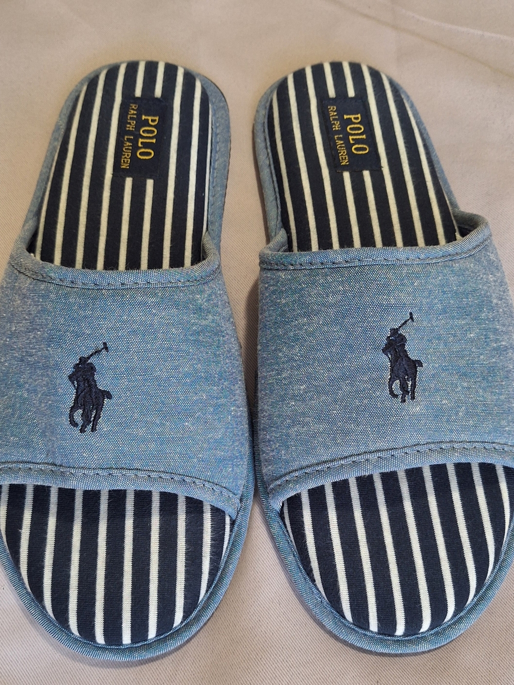 Polo Ralph Lauren Men's Striped Denim Slippers Blue/Navy/White Open Toe US 10